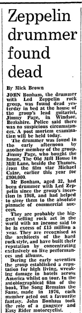 John Bonham Obituary Guardian 1980