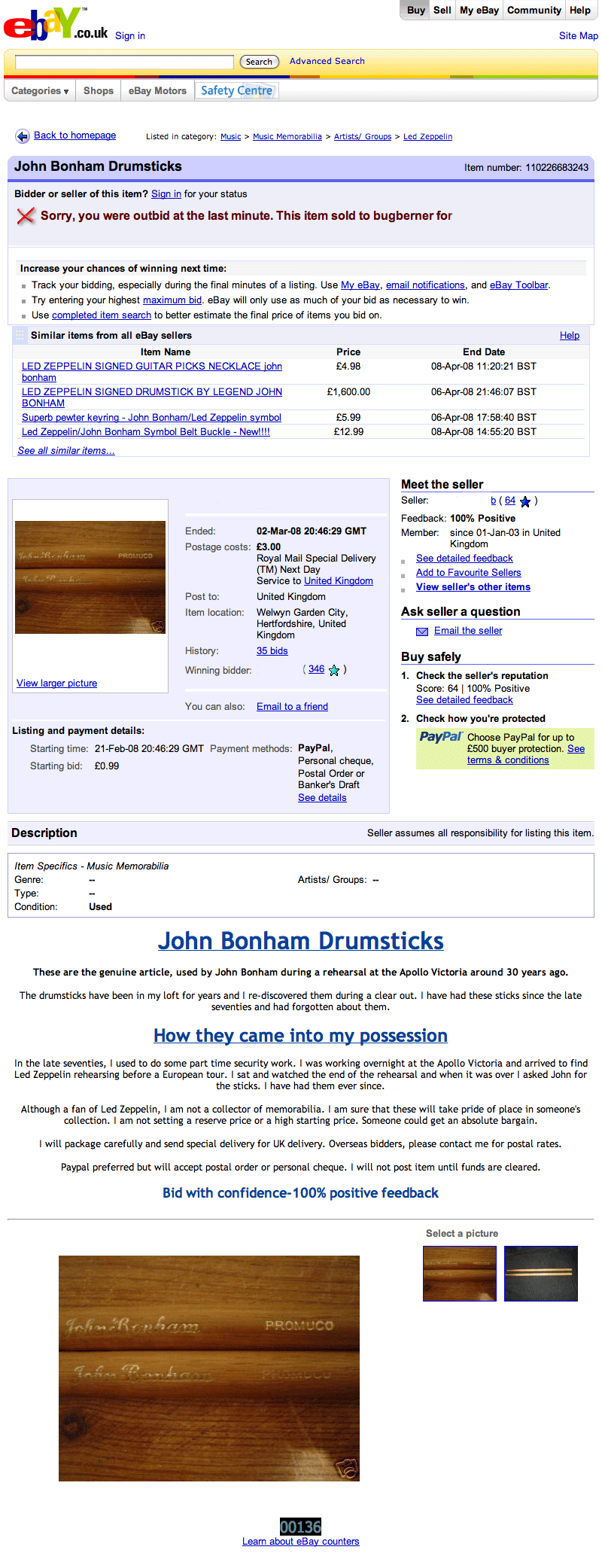 ebay bonham drum sticks sale